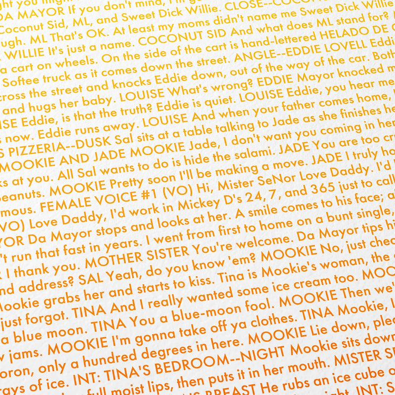 Close-up detail of the Do the Right Thing movie script poster showing dense typographic text.
