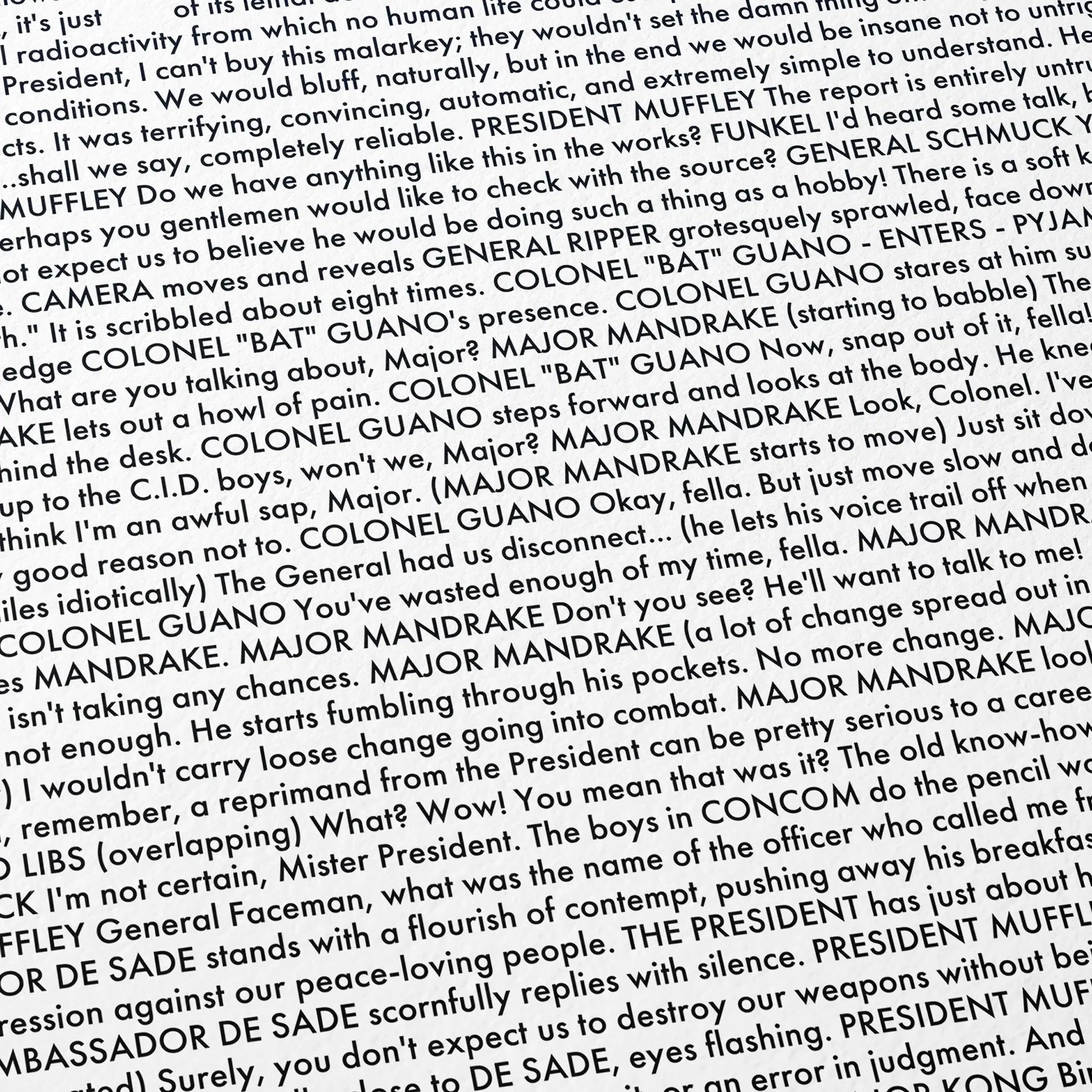 Close-up detail of the Dr. Strangelove or: How I Learned to Stop Worrying and Love the Bomb movie script poster showing dense typographic text.