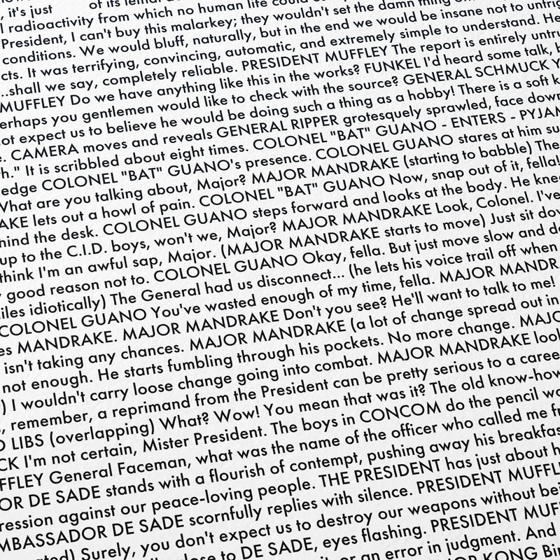 Close-up detail of the Dr. Strangelove or: How I Learned to Stop Worrying and Love the Bomb movie script poster showing dense typographic text.