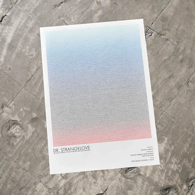 A Dr. Strangelove or: How I Learned to Stop Worrying and Love the Bomb movie script poster laid flat on a textured floor surface.