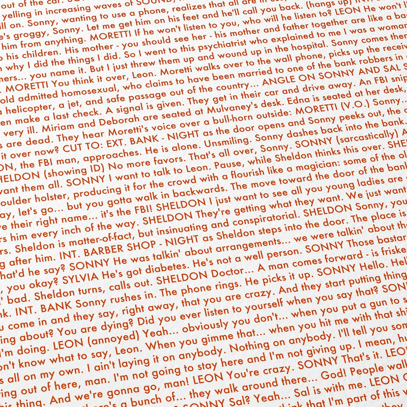 Close-up detail of the Dog Day Afternoon movie script poster showing dense typographic text.