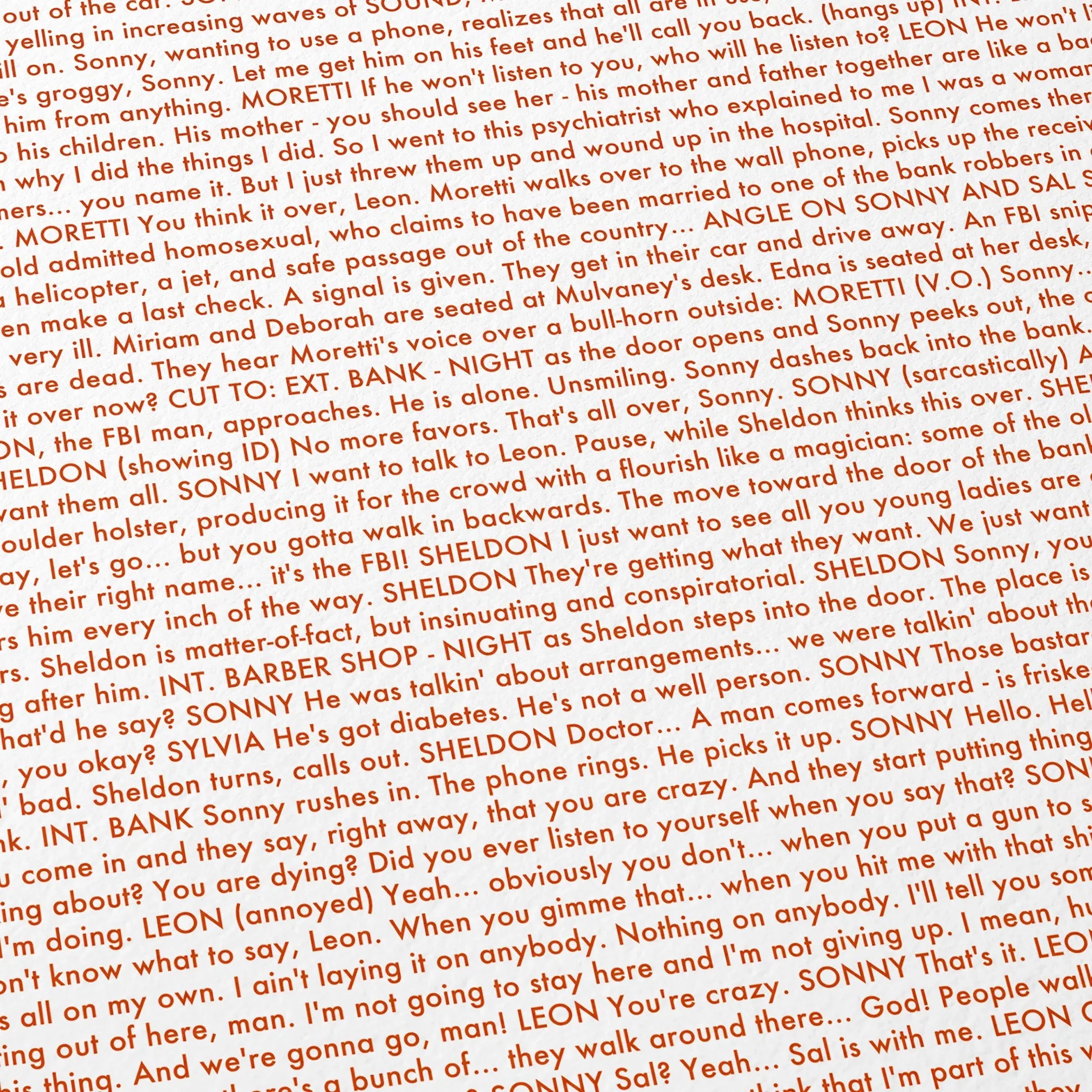 Close-up detail of the Dog Day Afternoon movie script poster showing dense typographic text.