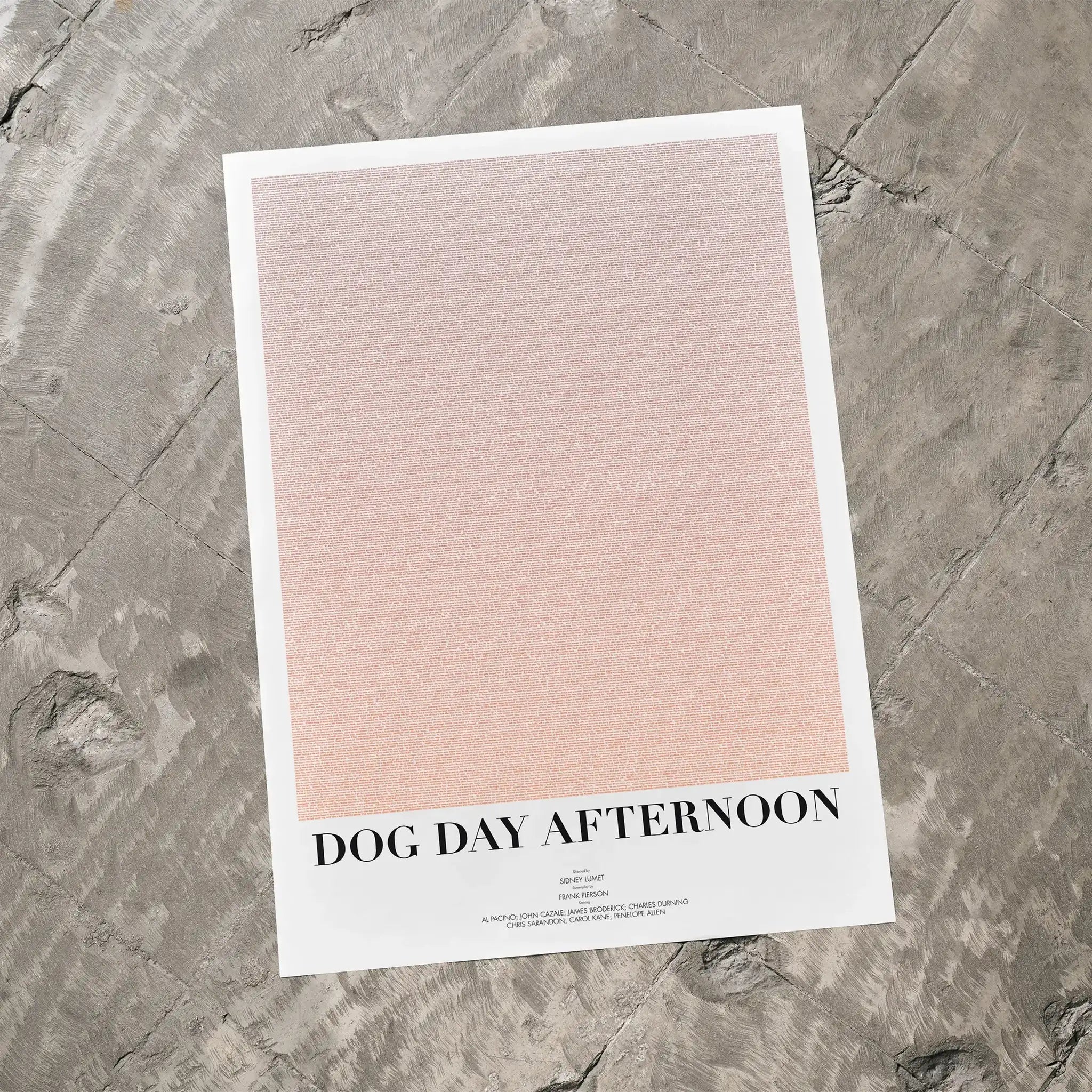A Dog Day Afternoon movie script poster laid flat on a textured floor surface.
