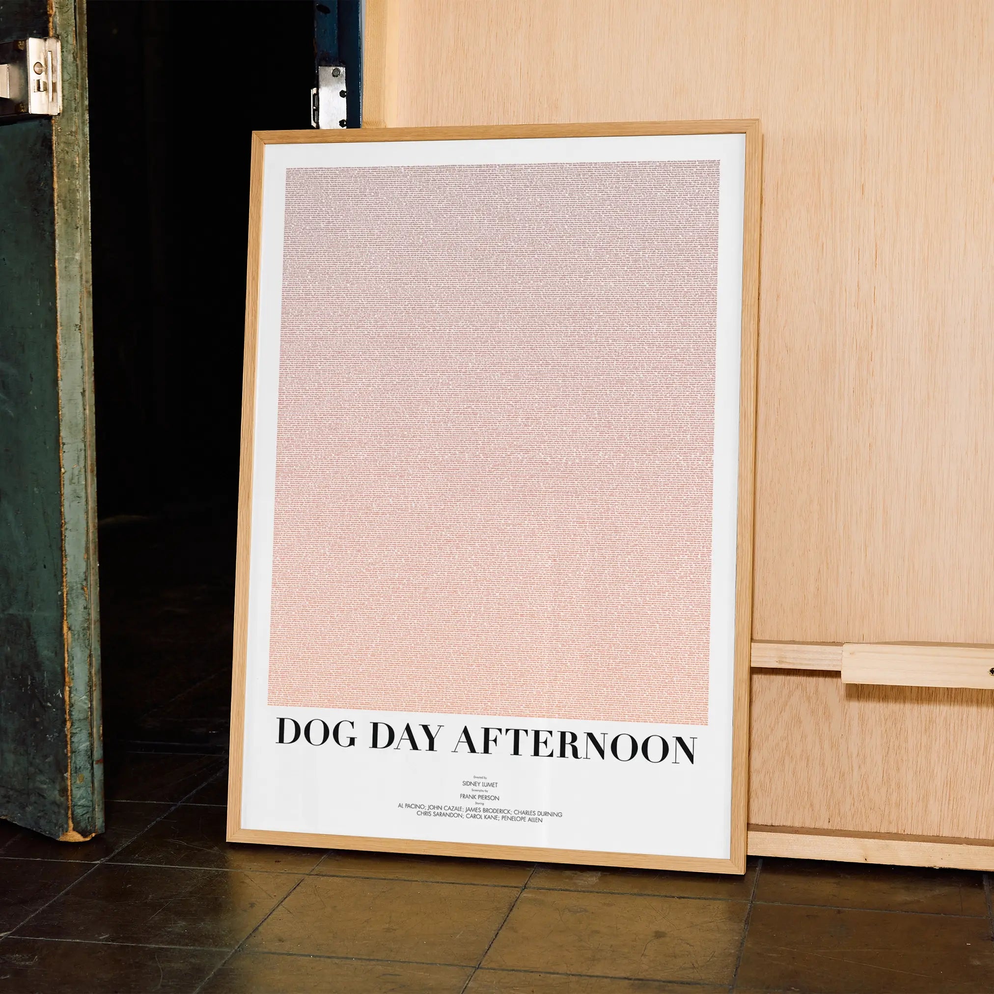 A framed Dog Day Afternoon movie script poster displayed in a contemporary interior setting.