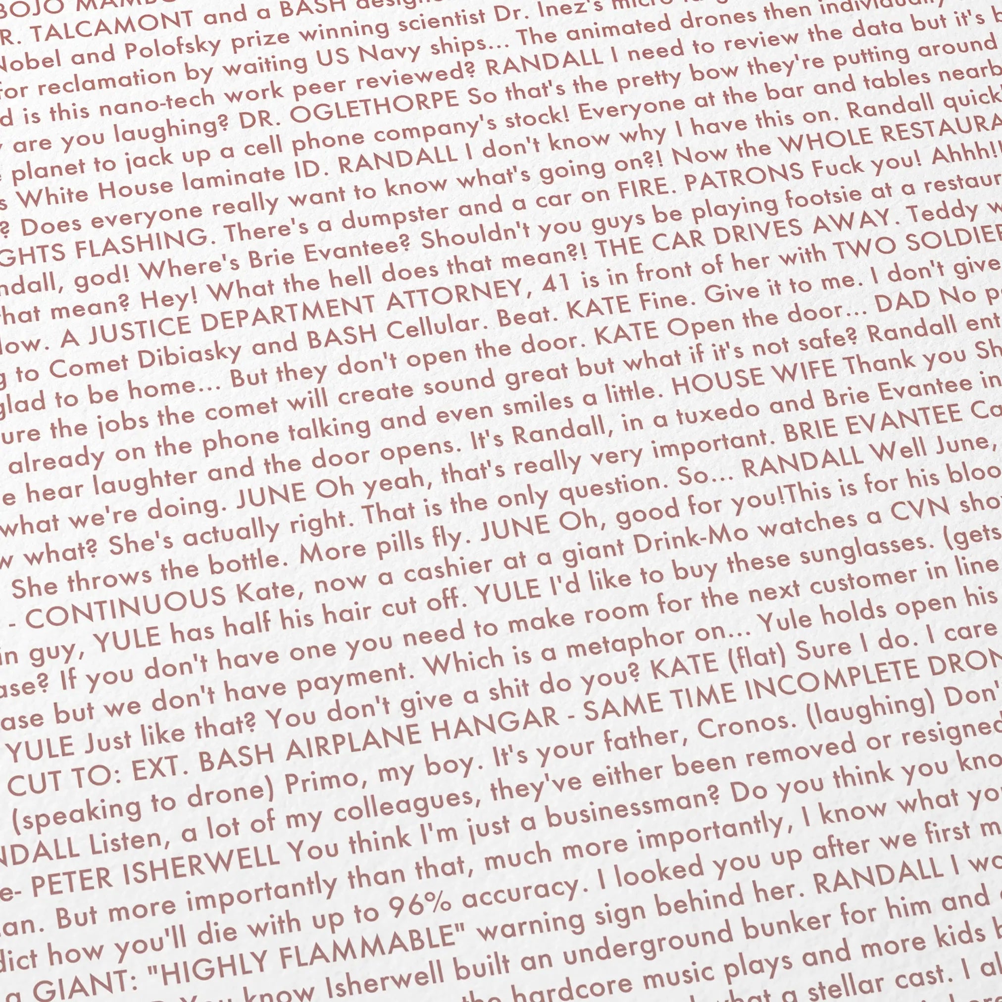 Close-up detail of the Don't Look Up movie script poster showing dense typographic text.