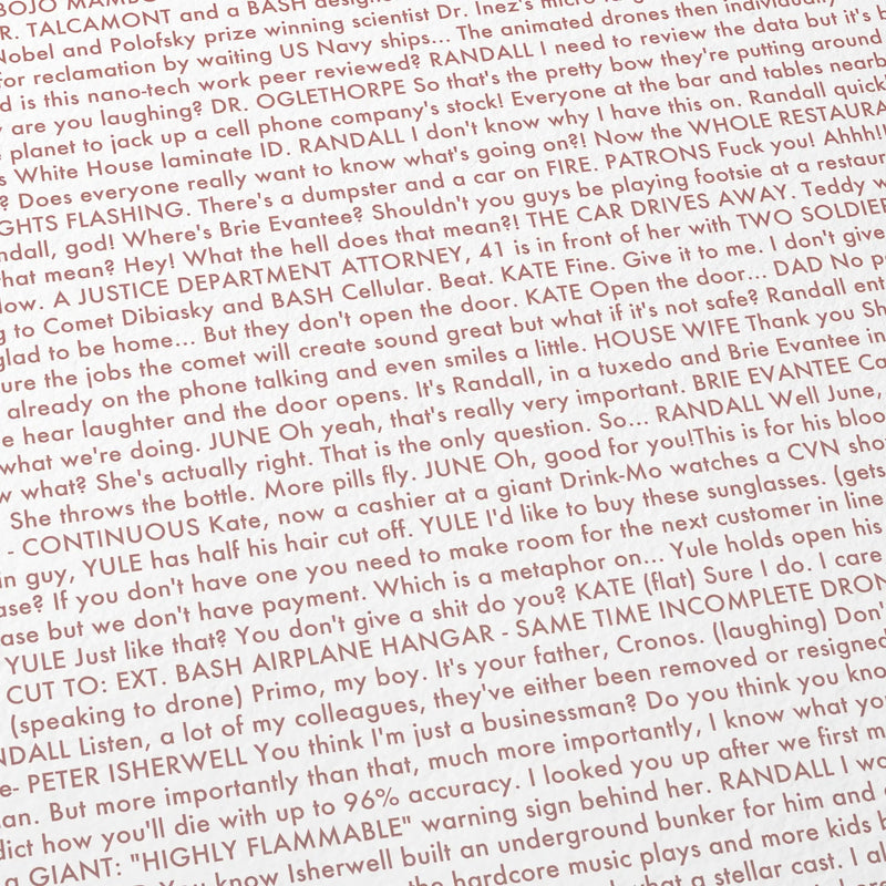 Close-up detail of the Don't Look Up movie script poster showing dense typographic text.