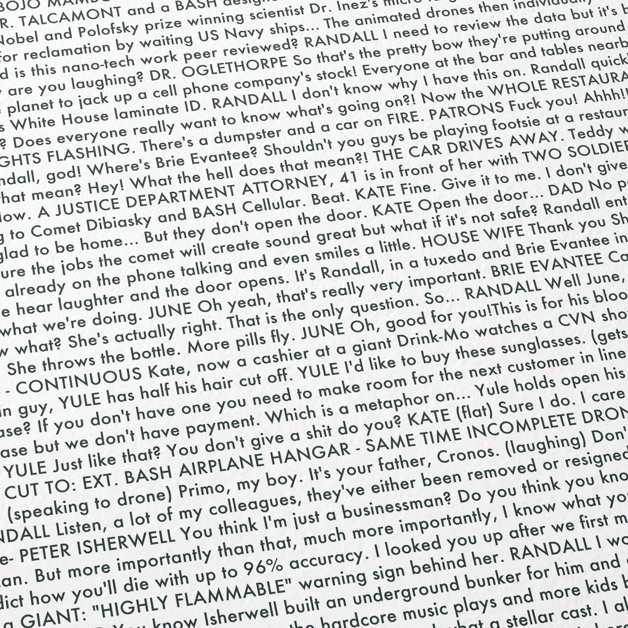 Close-up detail of the Don't Look Up movie script poster showing dense typographic text.
