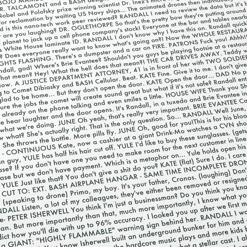 Close-up detail of the Don't Look Up movie script poster showing dense typographic text.