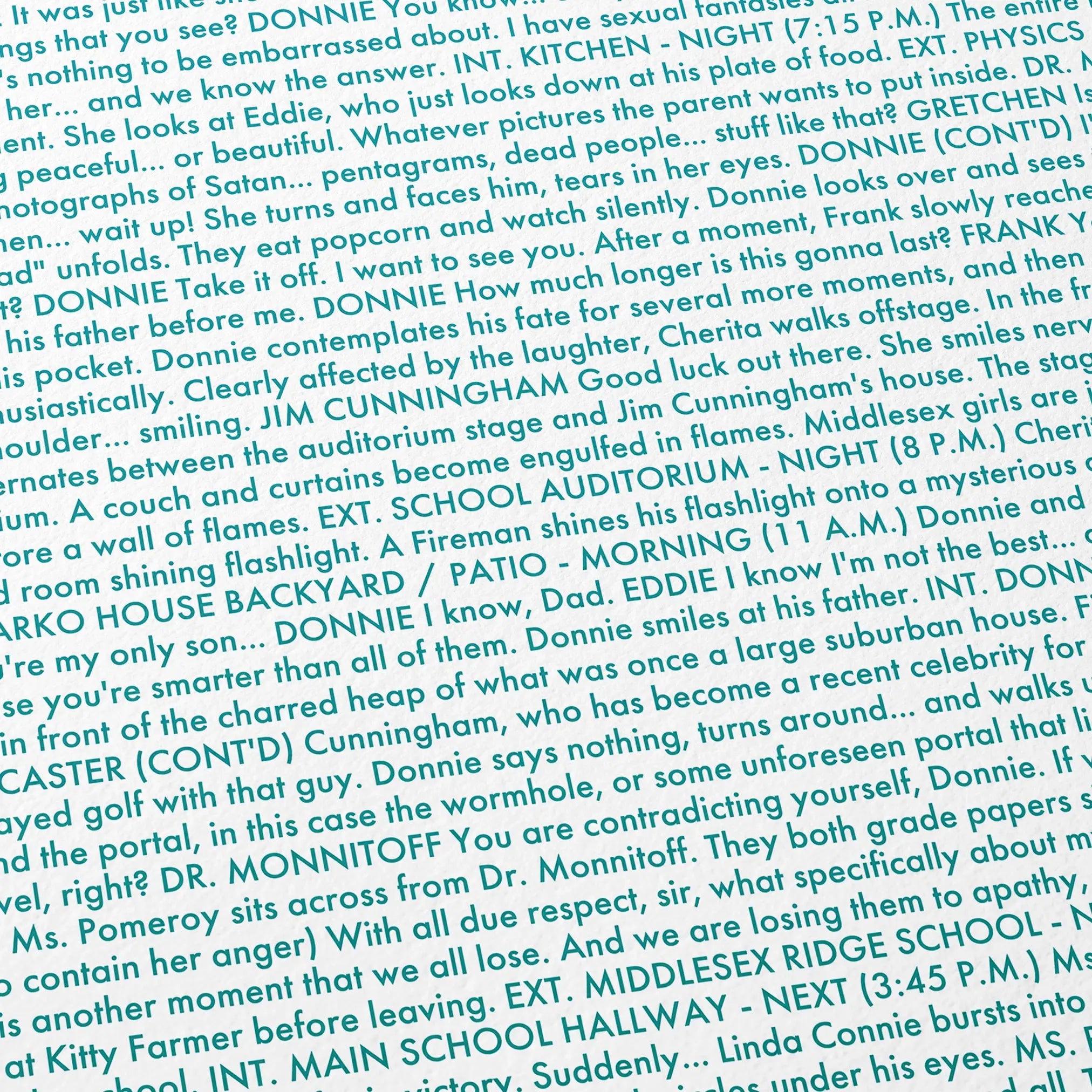 Close-up detail of the Donnie Darko movie script poster showing dense typographic text.