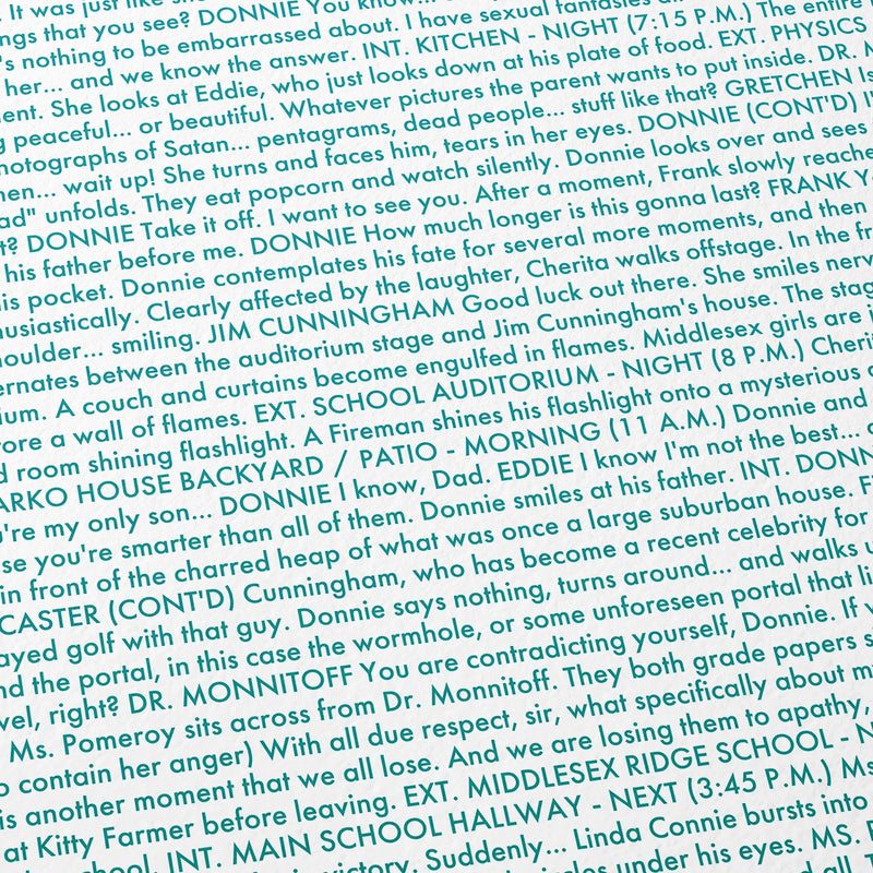 Close-up detail of the Donnie Darko movie script poster showing dense typographic text.