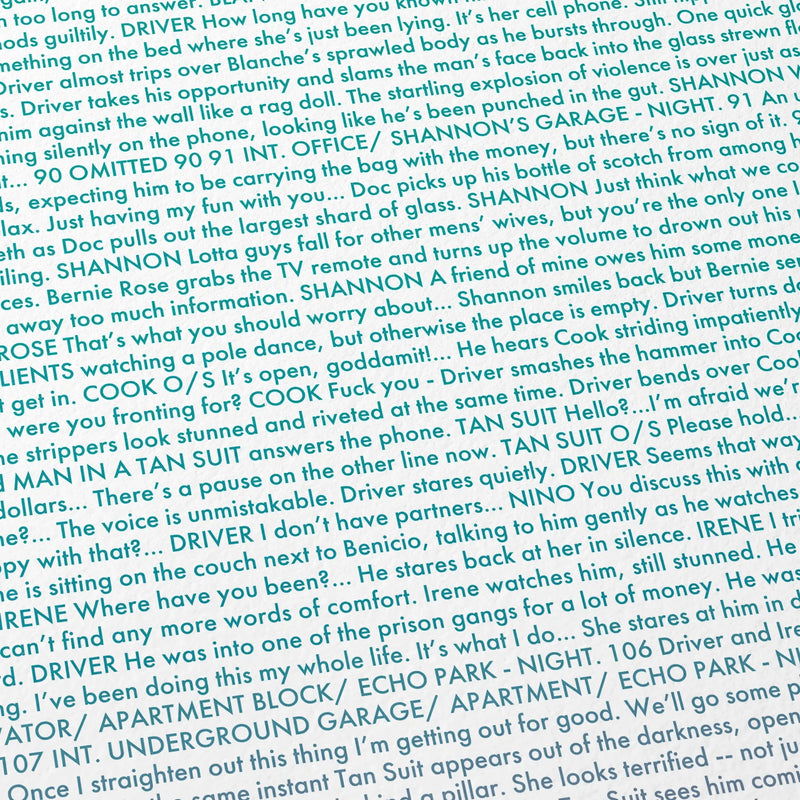 Close-up detail of the Drive movie script poster showing dense typographic text.