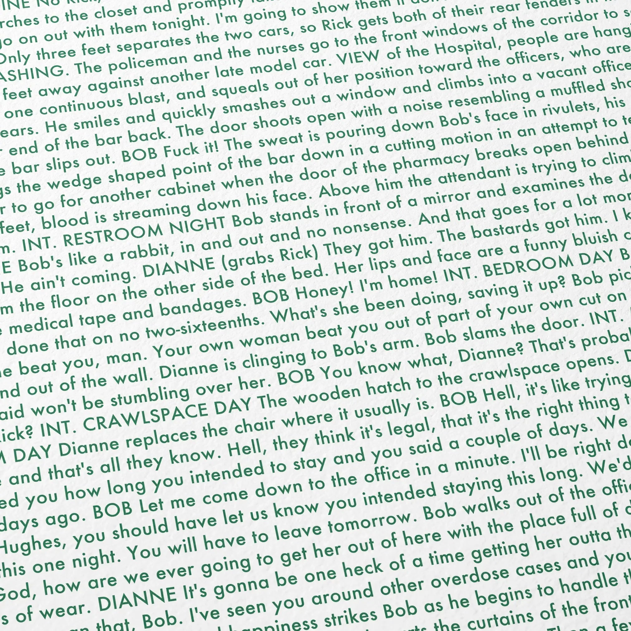 Close-up detail of the Drugstore Cowboy movie script poster showing dense typographic text.