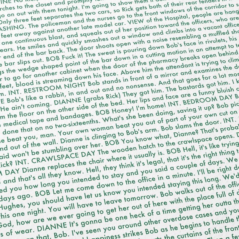 Close-up detail of the Drugstore Cowboy movie script poster showing dense typographic text.