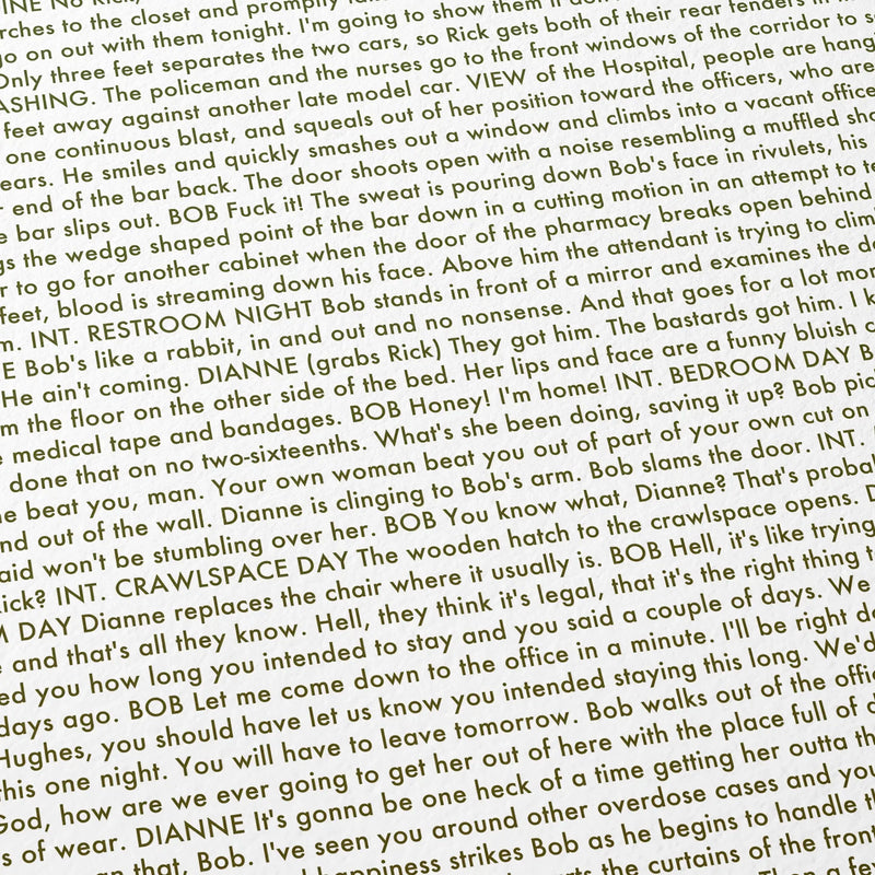 Close-up detail of the Drugstore Cowboy movie script poster showing dense typographic text.