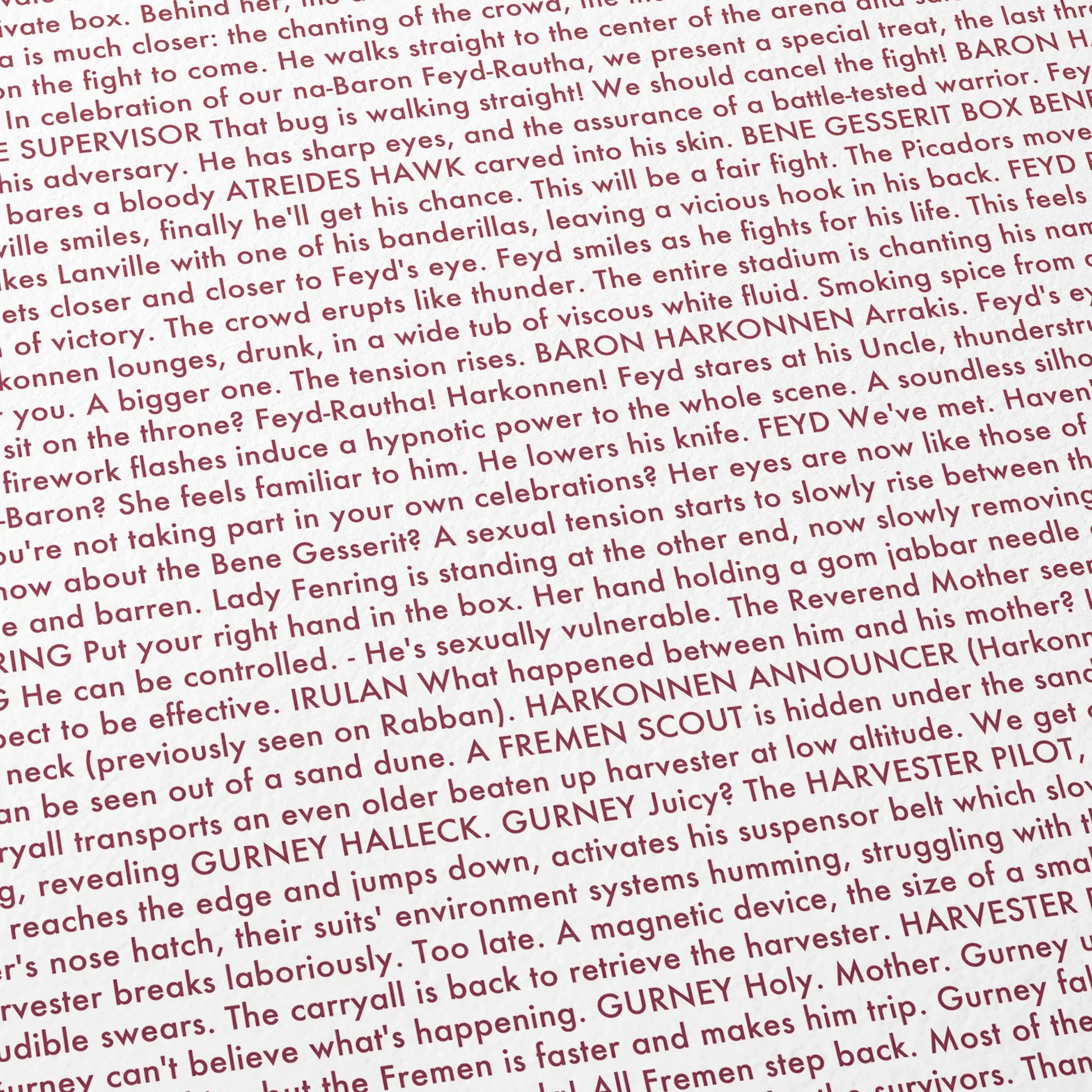Close-up detail of the Dune: Part Two movie script poster showing dense typographic text.
