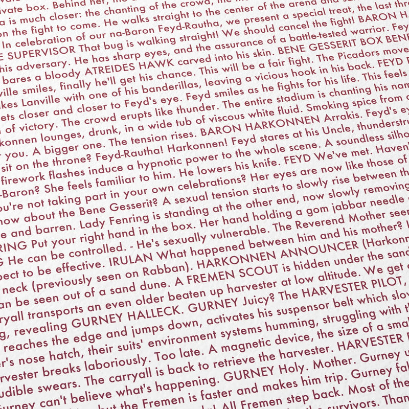 Close-up detail of the Dune: Part Two movie script poster showing dense typographic text.