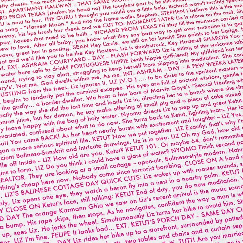 Close-up detail of the Eat Pray Love movie script poster showing dense typographic text.