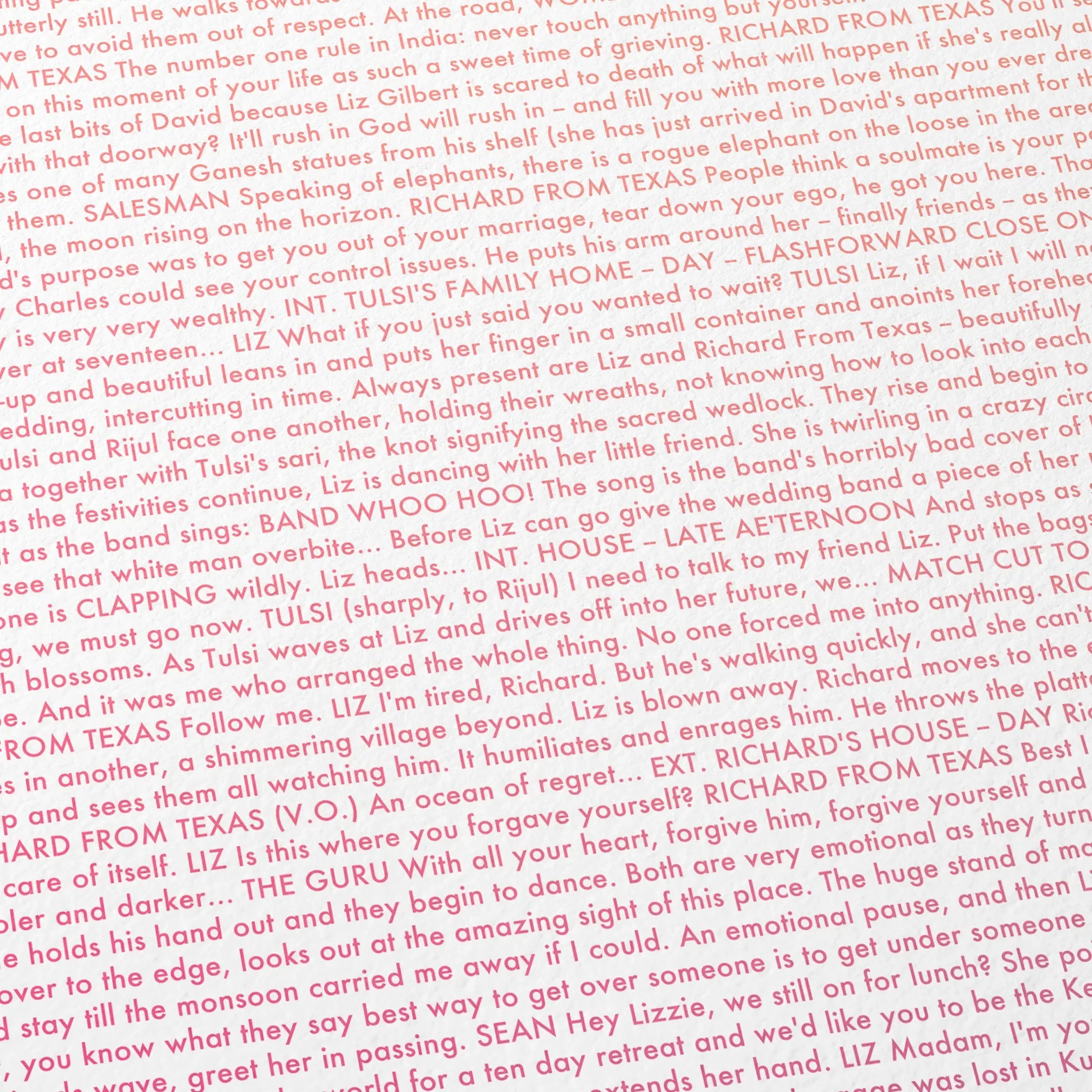 Close-up detail of the Eat Pray Love movie script poster showing dense typographic text.