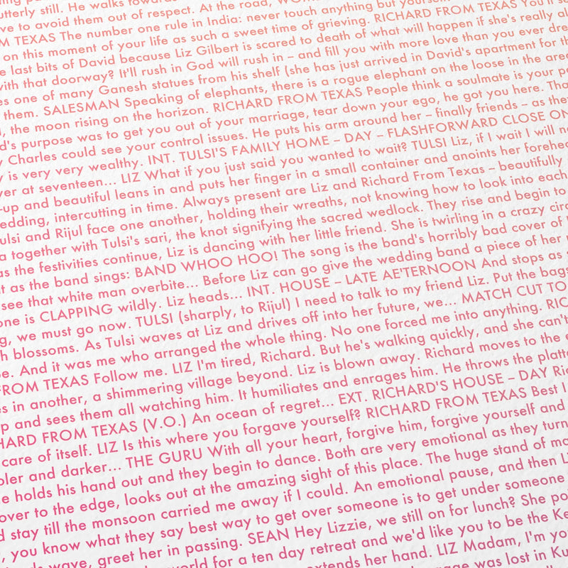 Close-up detail of the Eat Pray Love movie script poster showing dense typographic text.