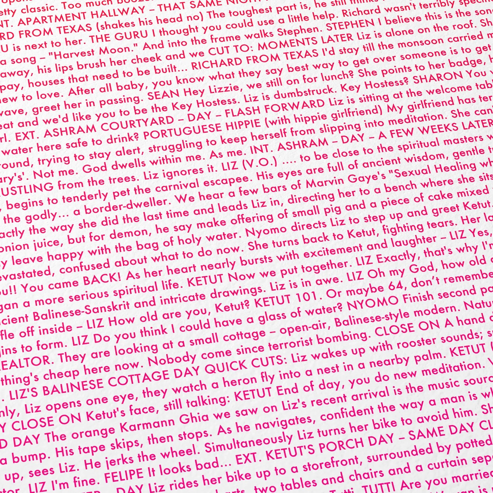 Close-up detail of the Eat Pray Love movie script poster showing dense typographic text.