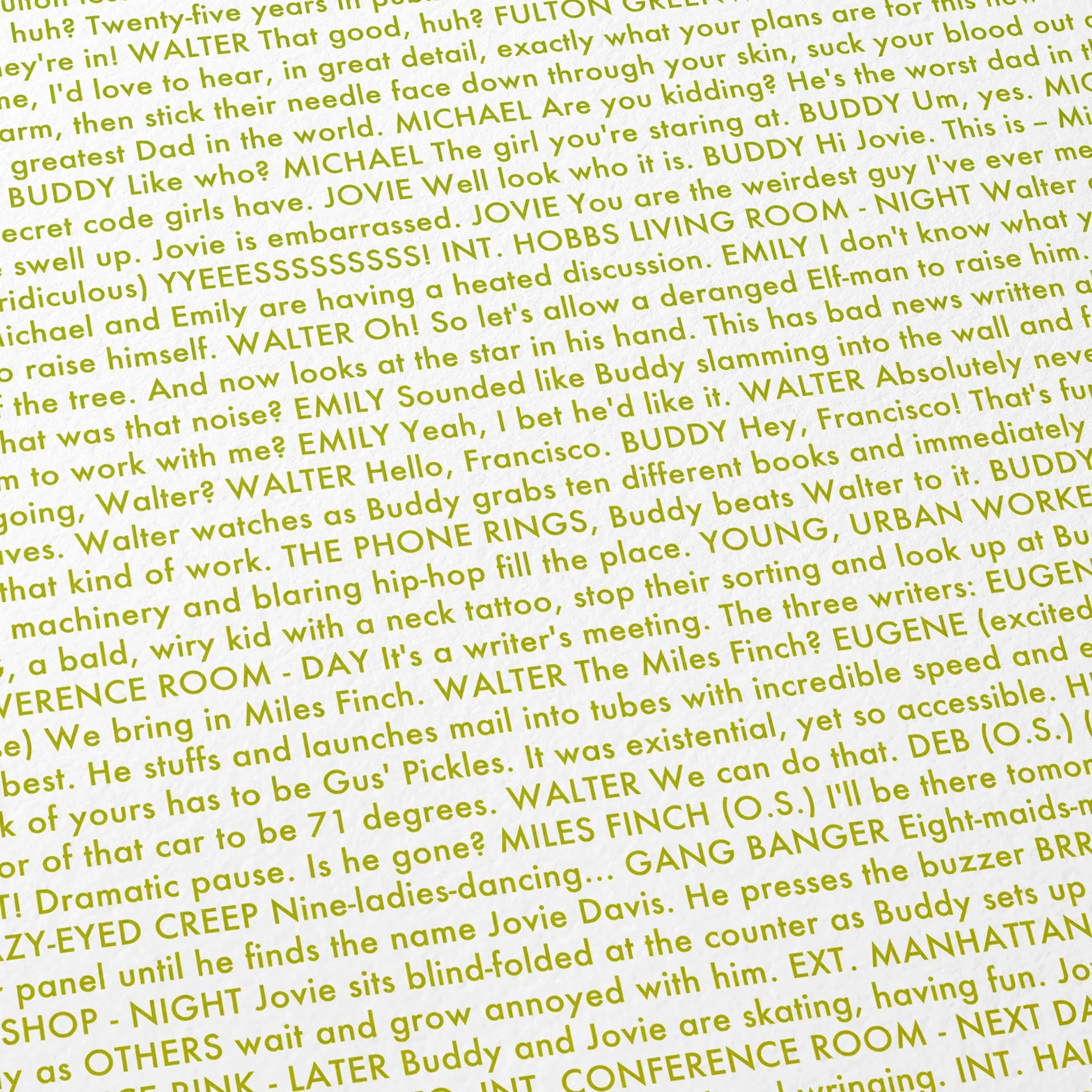 Close-up detail of the Elf movie script poster showing dense typographic text.
