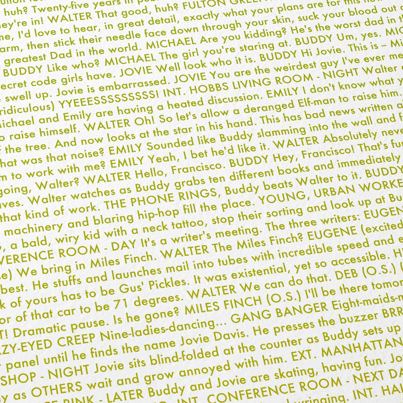 Close-up detail of the Elf movie script poster showing dense typographic text.