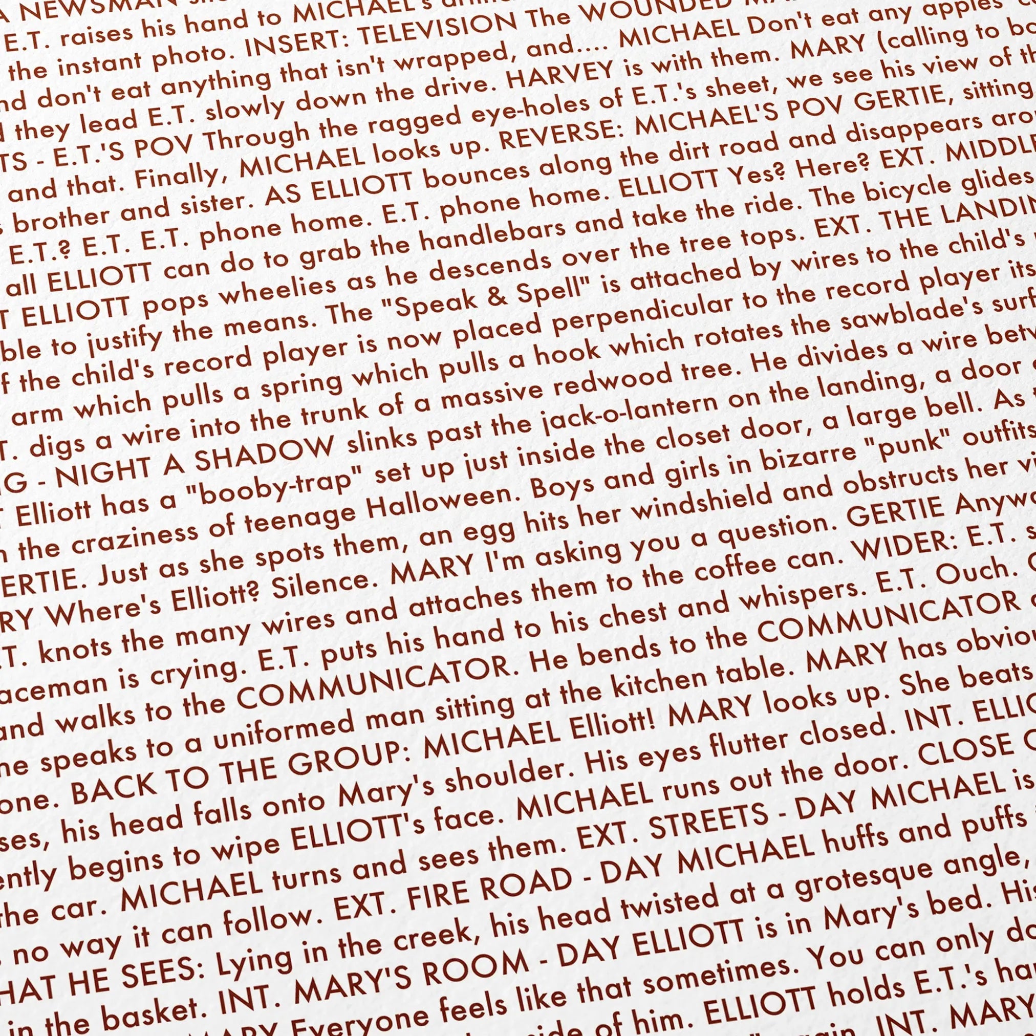Close-up detail of the E.T. the Extra-Terrestrial movie script poster showing dense typographic text.
