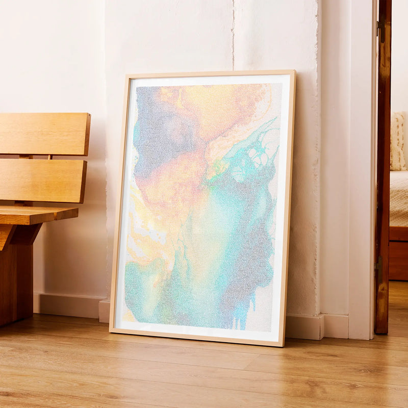 A framed Eternal Sunshine of the Spotless Mind movie script poster arranged in a minimalist interior setting.