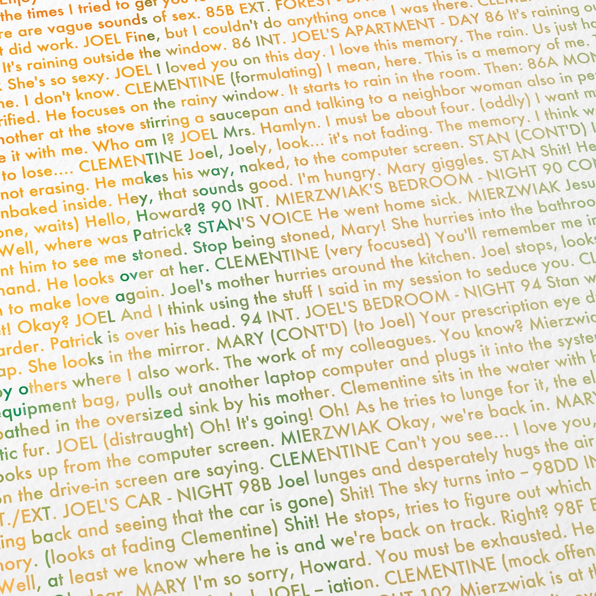 Close-up detail of the Eternal Sunshine of the Spotless Mind movie script poster showing dense typographic text.