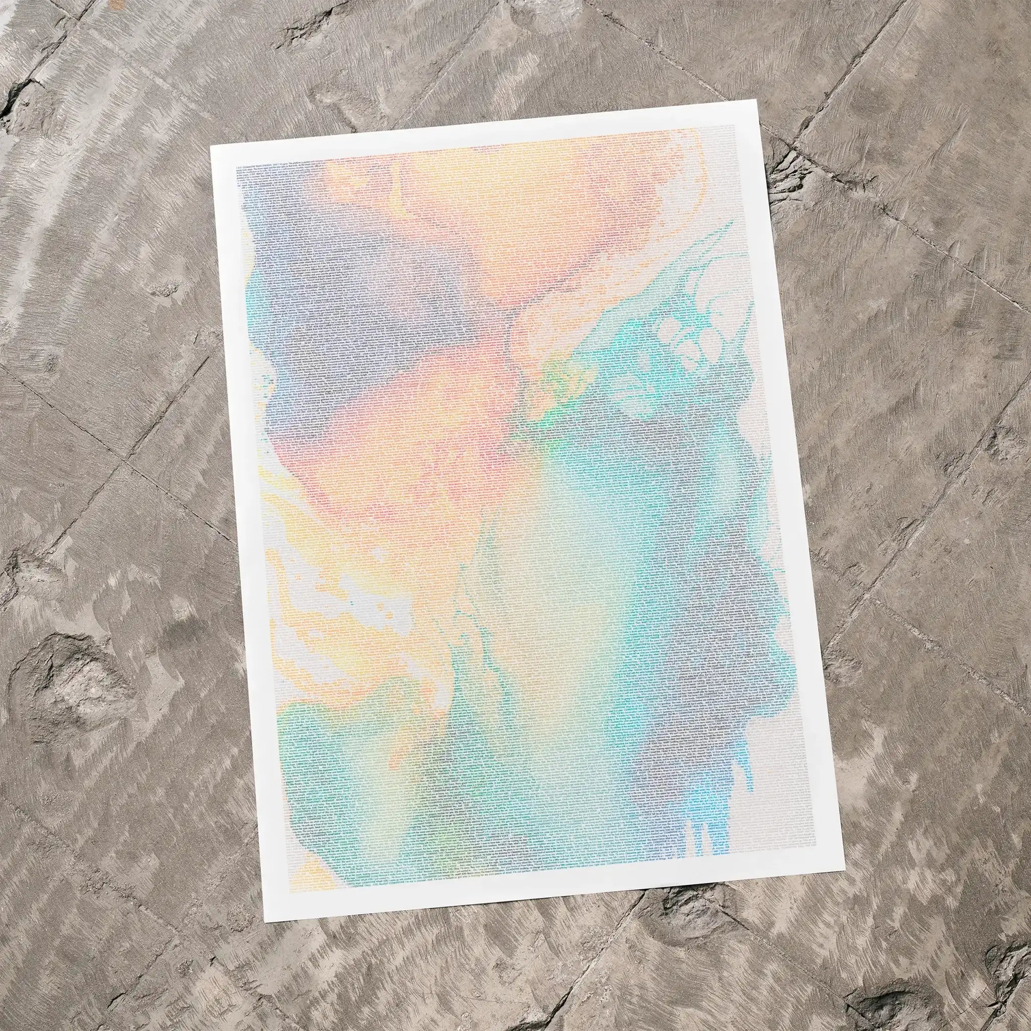 A Eternal Sunshine of the Spotless Mind movie script poster laid flat on a textured floor surface.