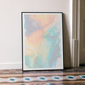 A framed Eternal Sunshine of the Spotless Mind movie script poster leaning against a wall in a minimalist interior.