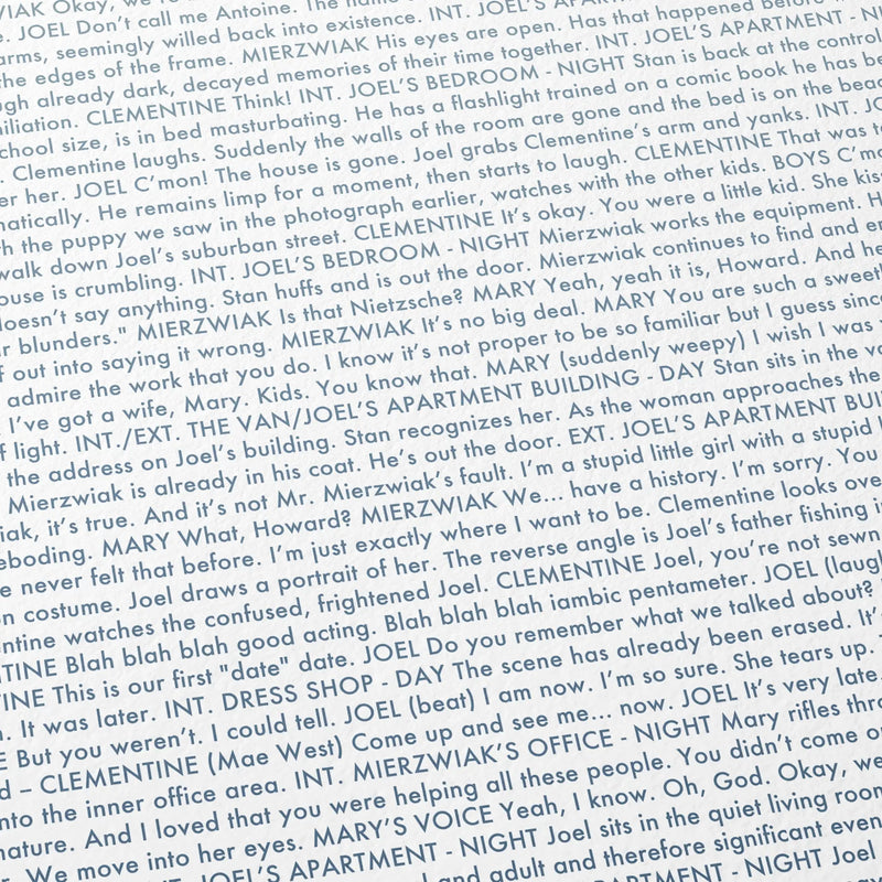 Close-up detail of the Eternal Sunshine of the Spotless Mind movie script poster showing dense typographic text.