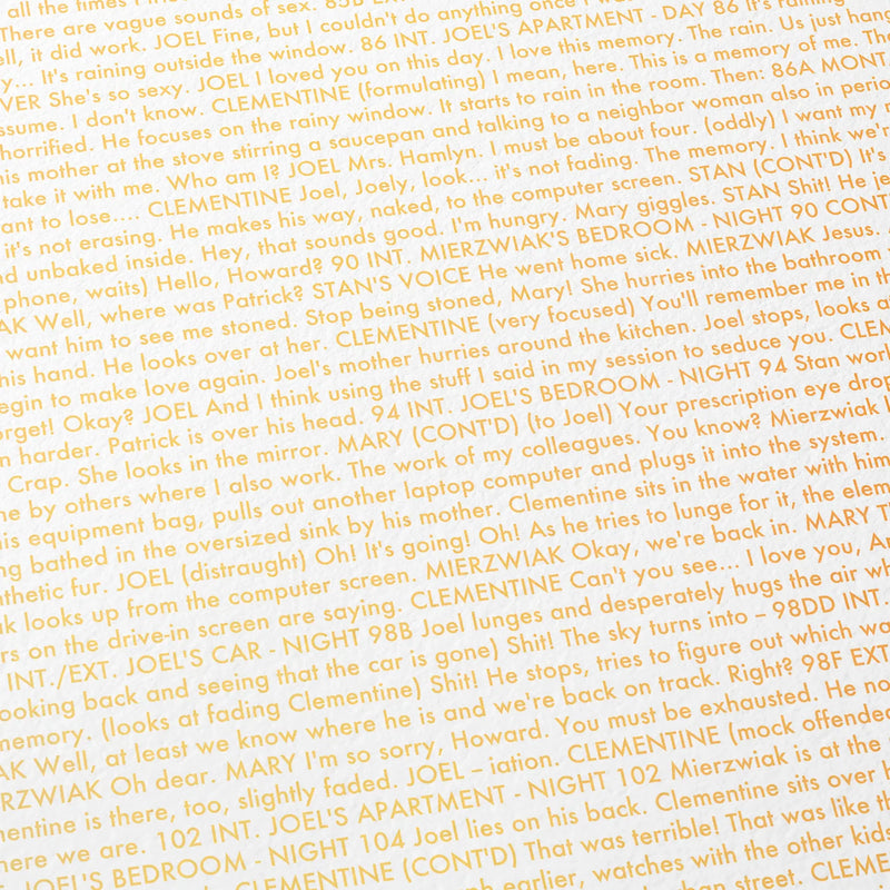 Close-up detail of the Eternal Sunshine of the Spotless Mind movie script poster showing dense typographic text.