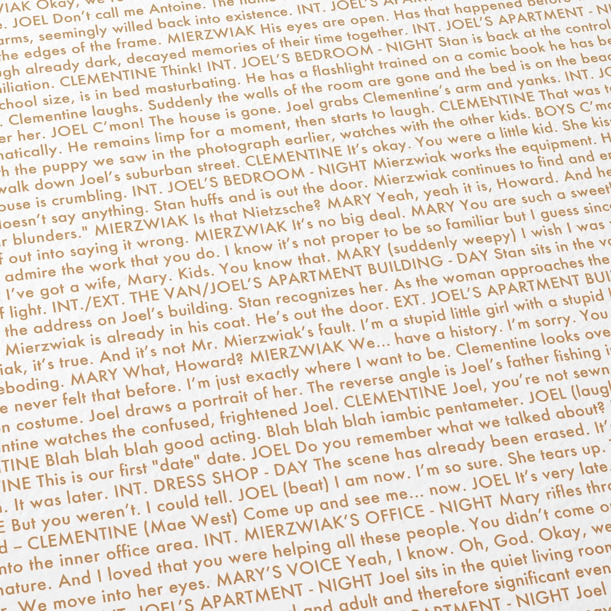 Close-up detail of the Eternal Sunshine of the Spotless Mind movie script poster showing dense typographic text.