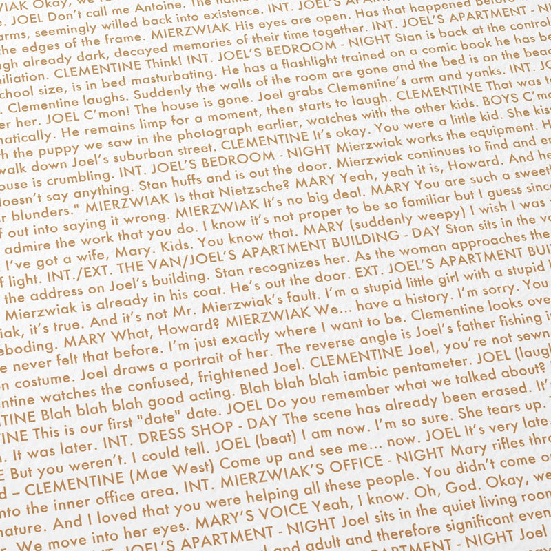 Close-up detail of the Eternal Sunshine of the Spotless Mind movie script poster showing dense typographic text.