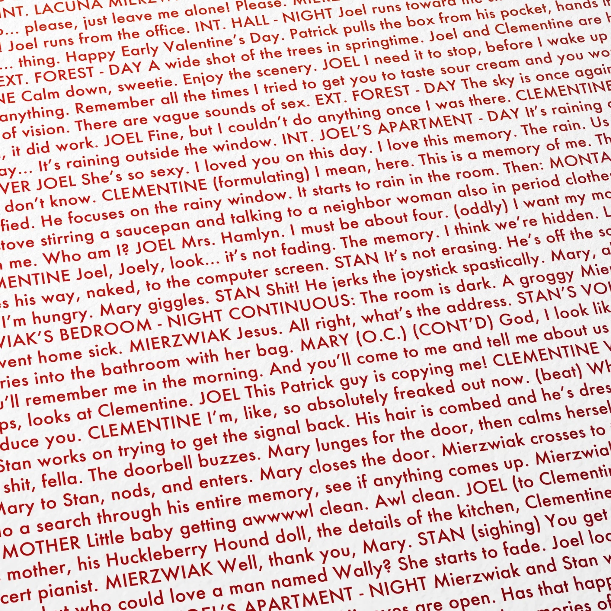 Close-up detail of the Eternal Sunshine of the Spotless Mind movie script poster showing dense typographic text.