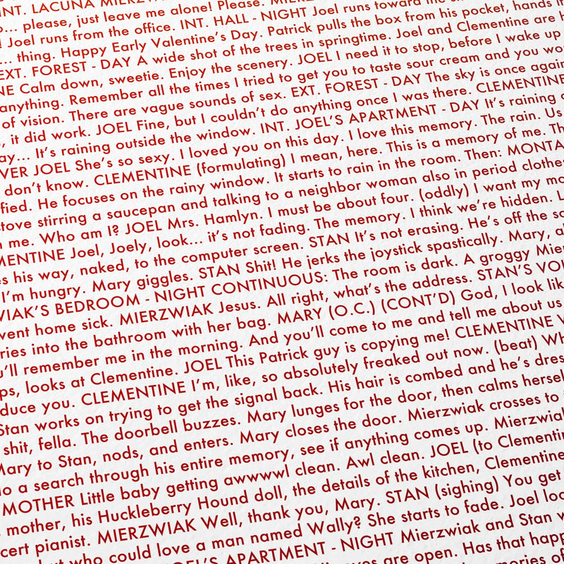 Close-up detail of the Eternal Sunshine of the Spotless Mind movie script poster showing dense typographic text.