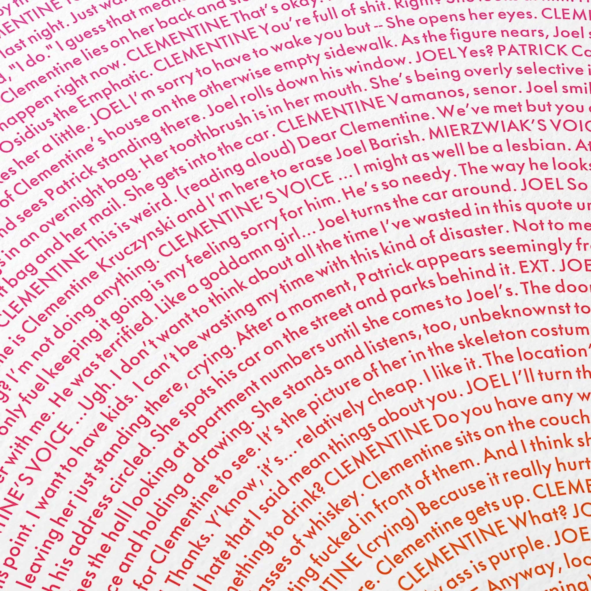 Eternal Sunshine of the Spotless Mind screenplay poster close up detail, showing text.  