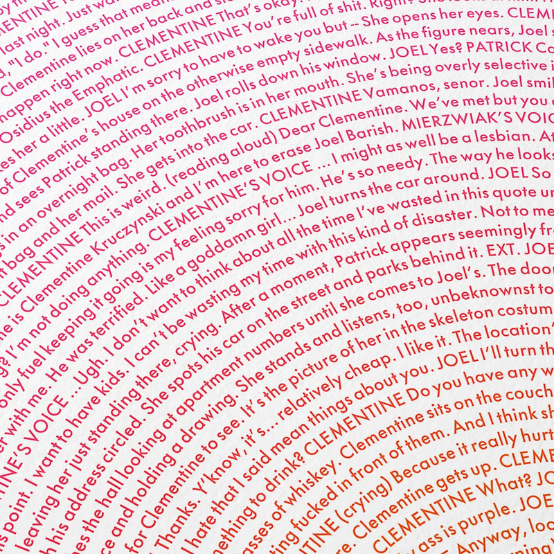 Eternal Sunshine of the Spotless Mind screenplay poster close up detail, showing text.  