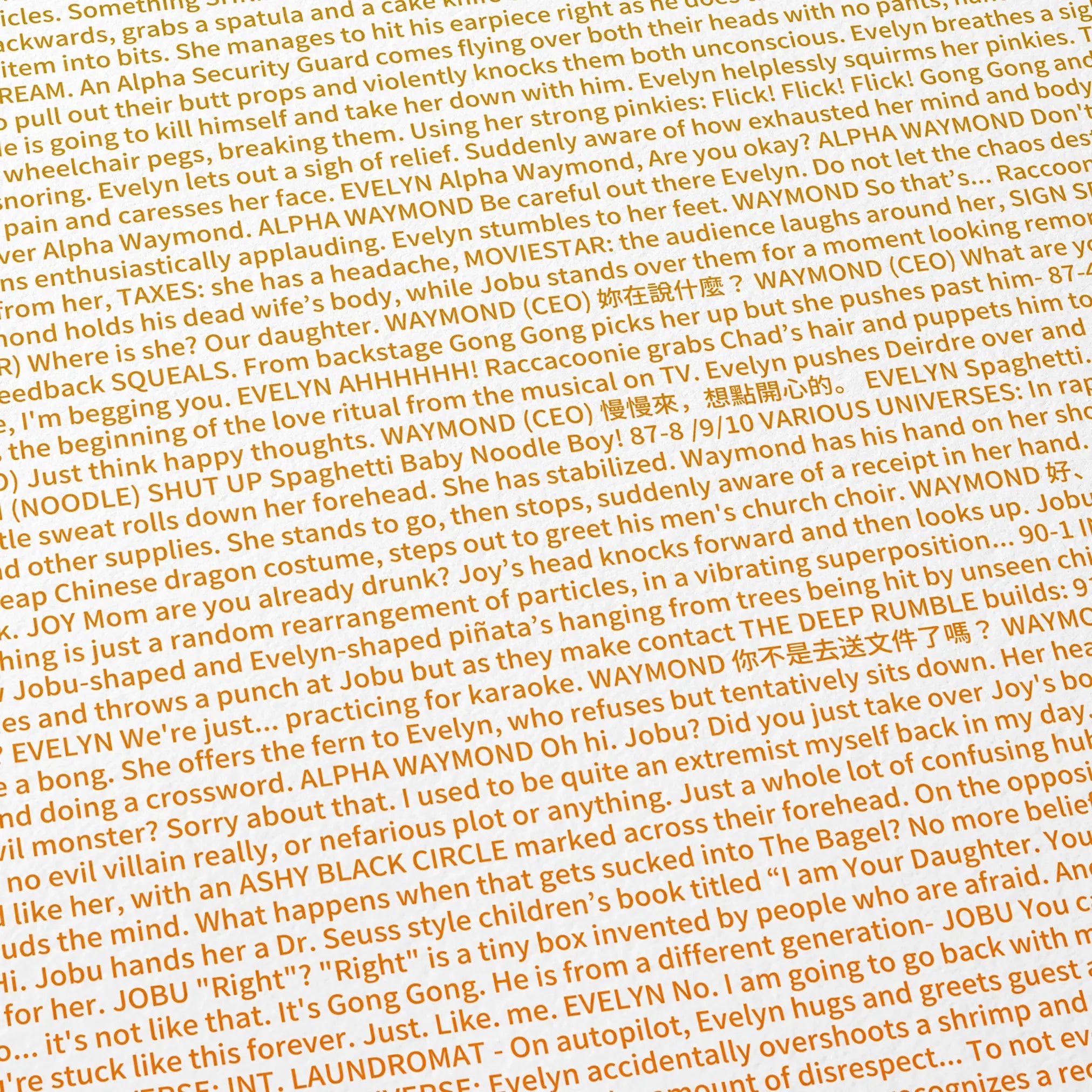 Close-up detail of the Everything Everywhere All at Once movie script poster showing dense typographic text.