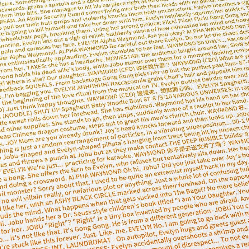 Close-up detail of the Everything Everywhere All at Once movie script poster showing dense typographic text.