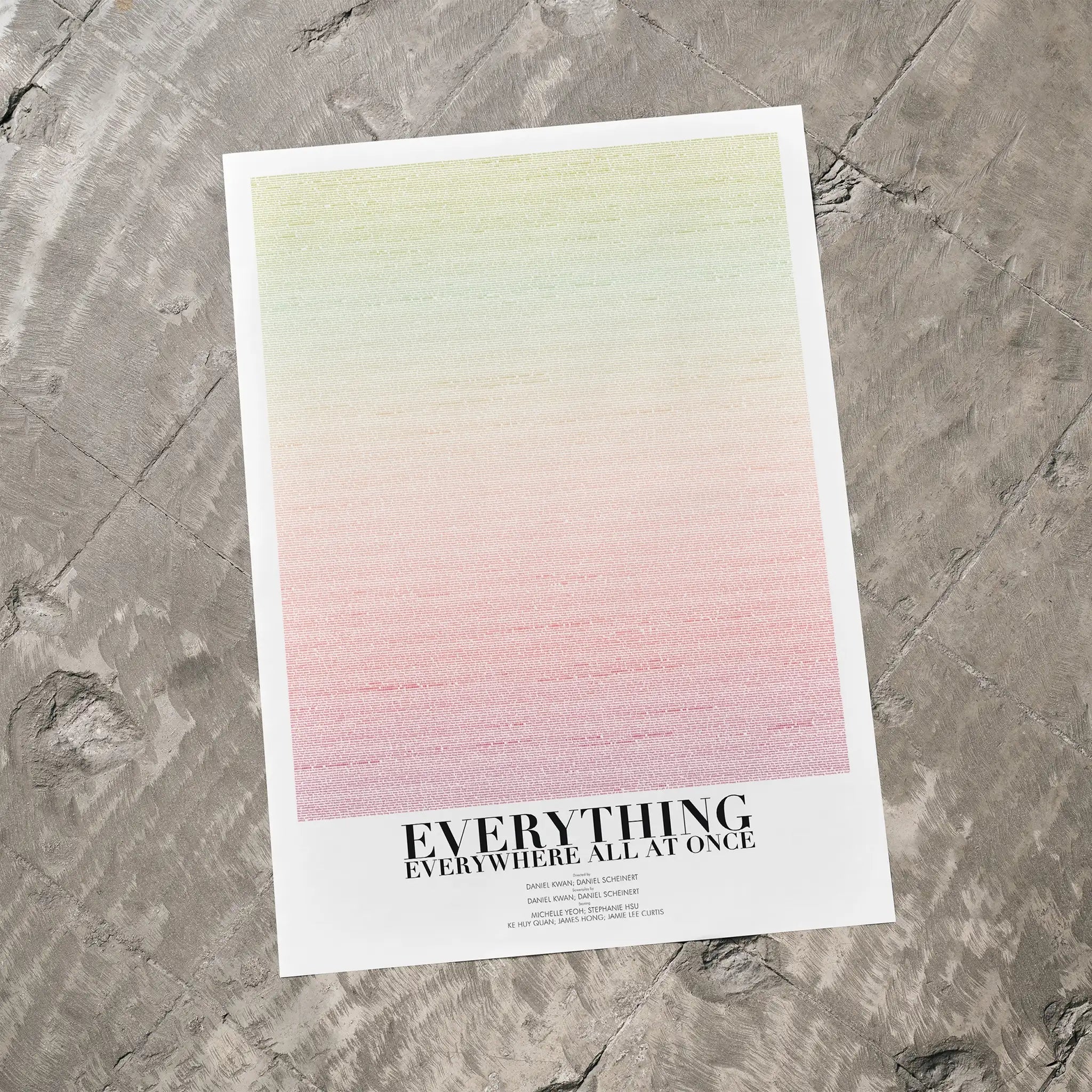 "Everything Everywhere  All At Once" Poster with gradient design and text on a textured surface