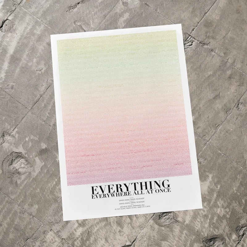 "Everything Everywhere  All At Once" Poster with gradient design and text on a textured surface