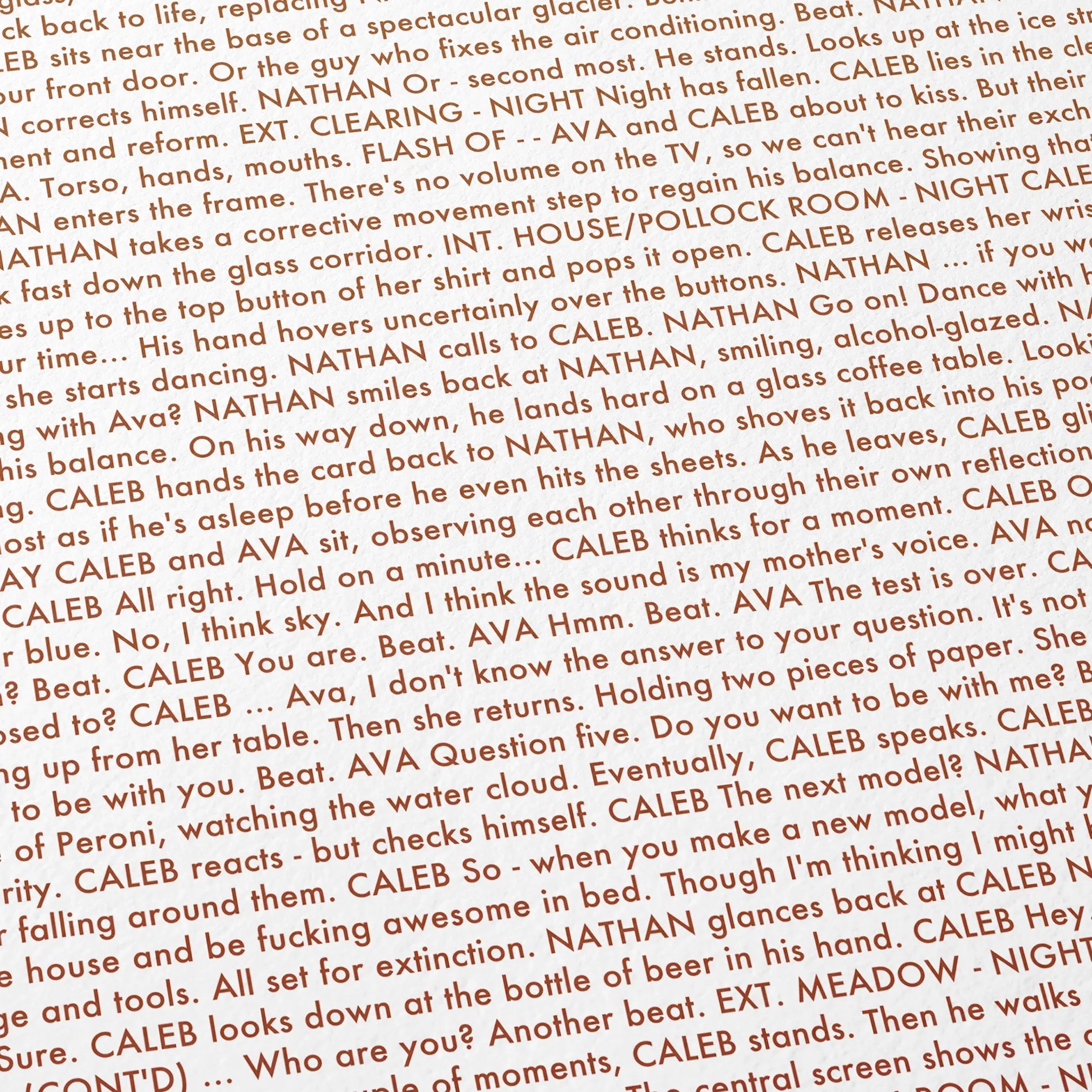 Close-up detail of the Ex Machina movie script poster showing dense typographic text.