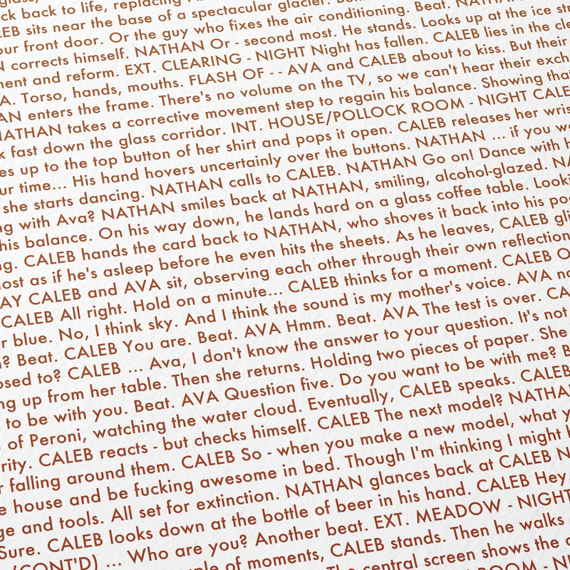Close-up detail of the Ex Machina movie script poster showing dense typographic text.