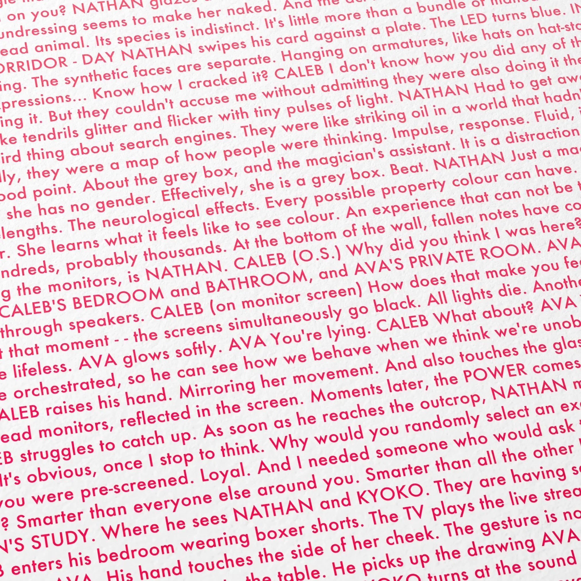 Close-up detail of the Ex Machina movie script poster showing dense typographic text.