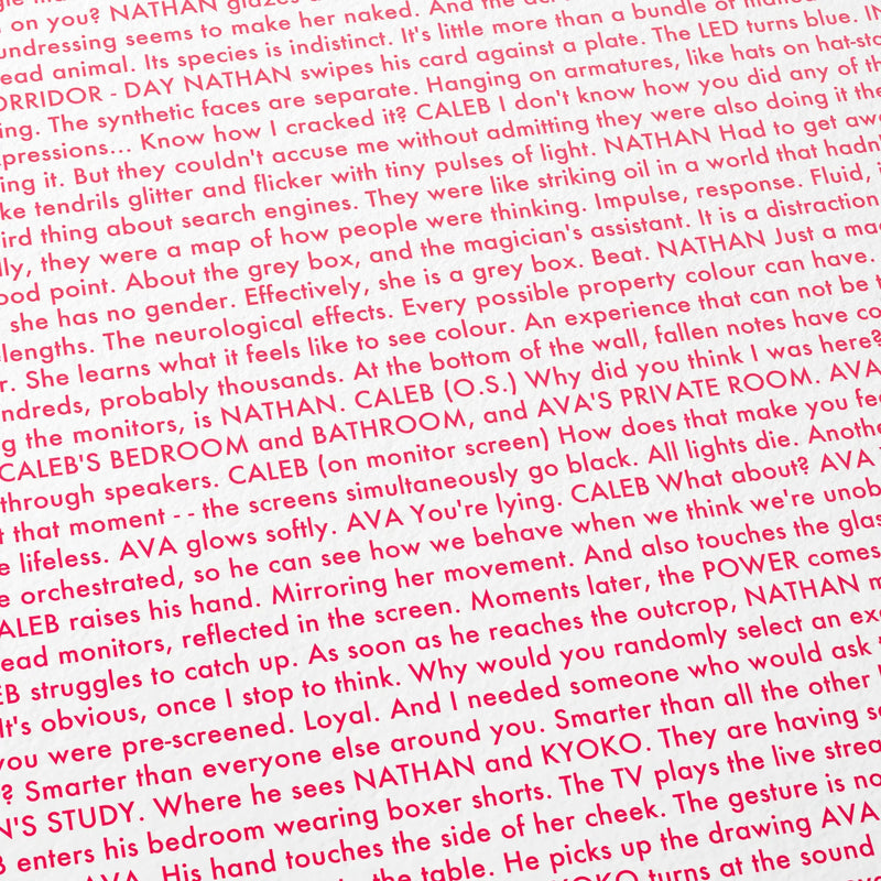 Close-up detail of the Ex Machina movie script poster showing dense typographic text.