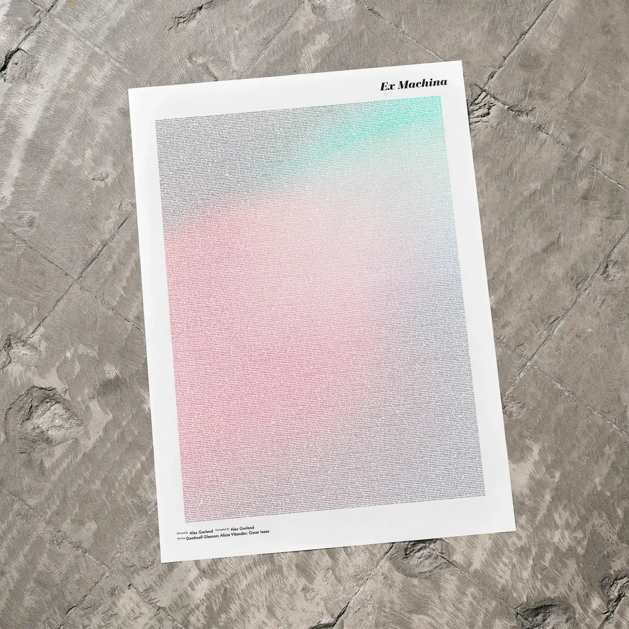 A Ex Machina movie script poster laid flat on a textured floor surface.
