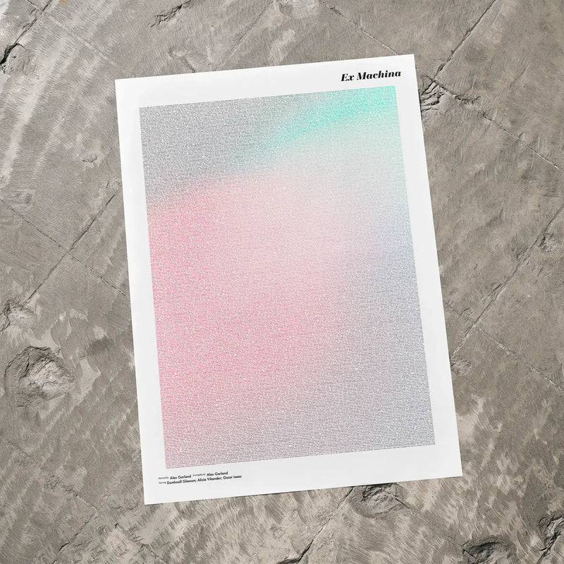 A Ex Machina movie script poster laid flat on a textured floor surface.