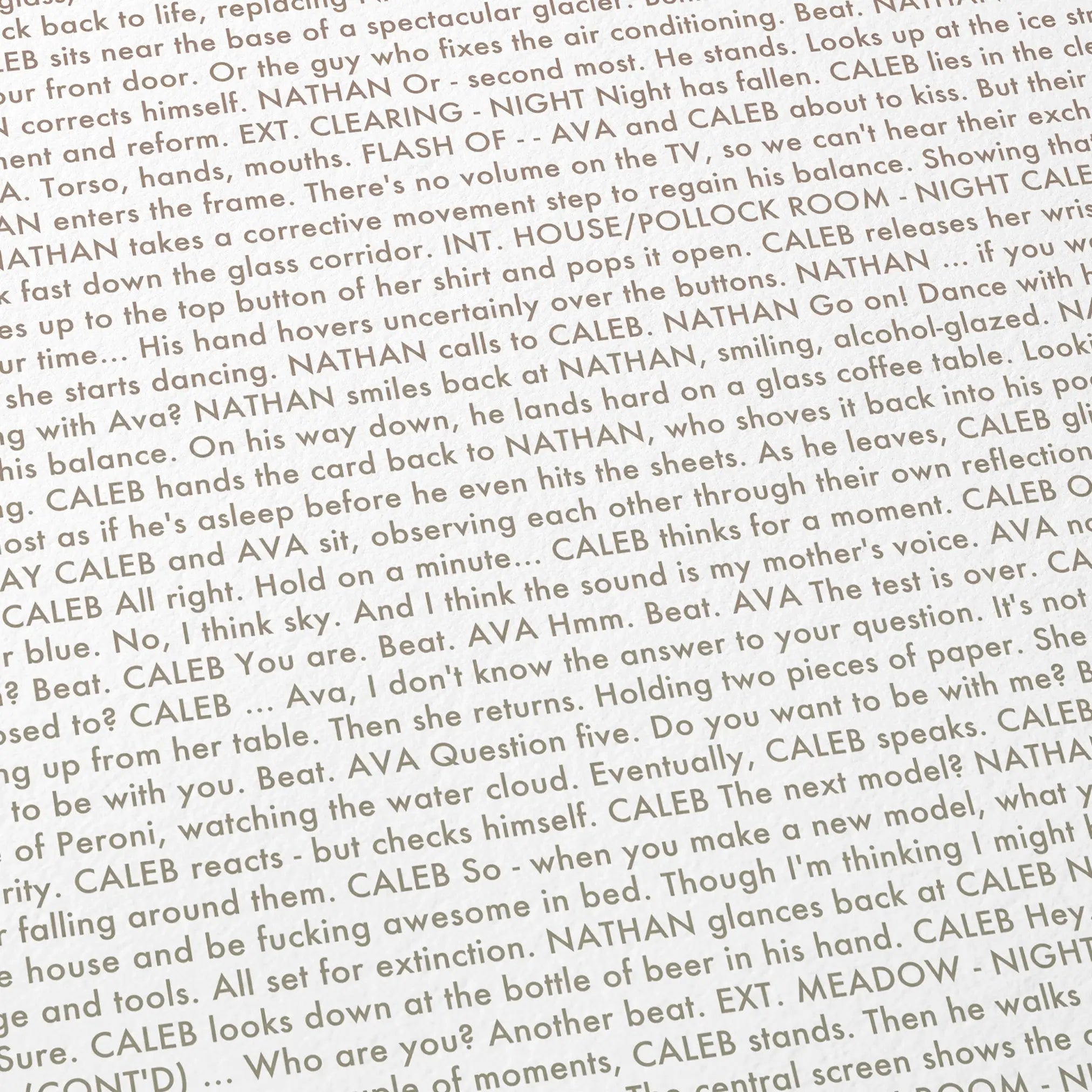 Close-up detail of the Ex Machina movie script poster showing dense typographic text.